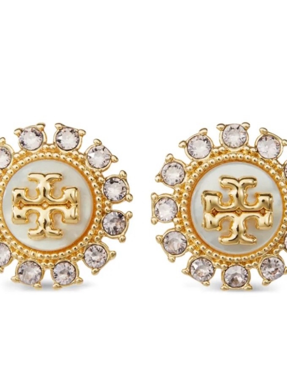 Tory Burch Gold and Pearl Logo Crystal Stud Earrings
